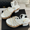 CHANEL Double C Wooden Chain Platform Block Heel Sandals White