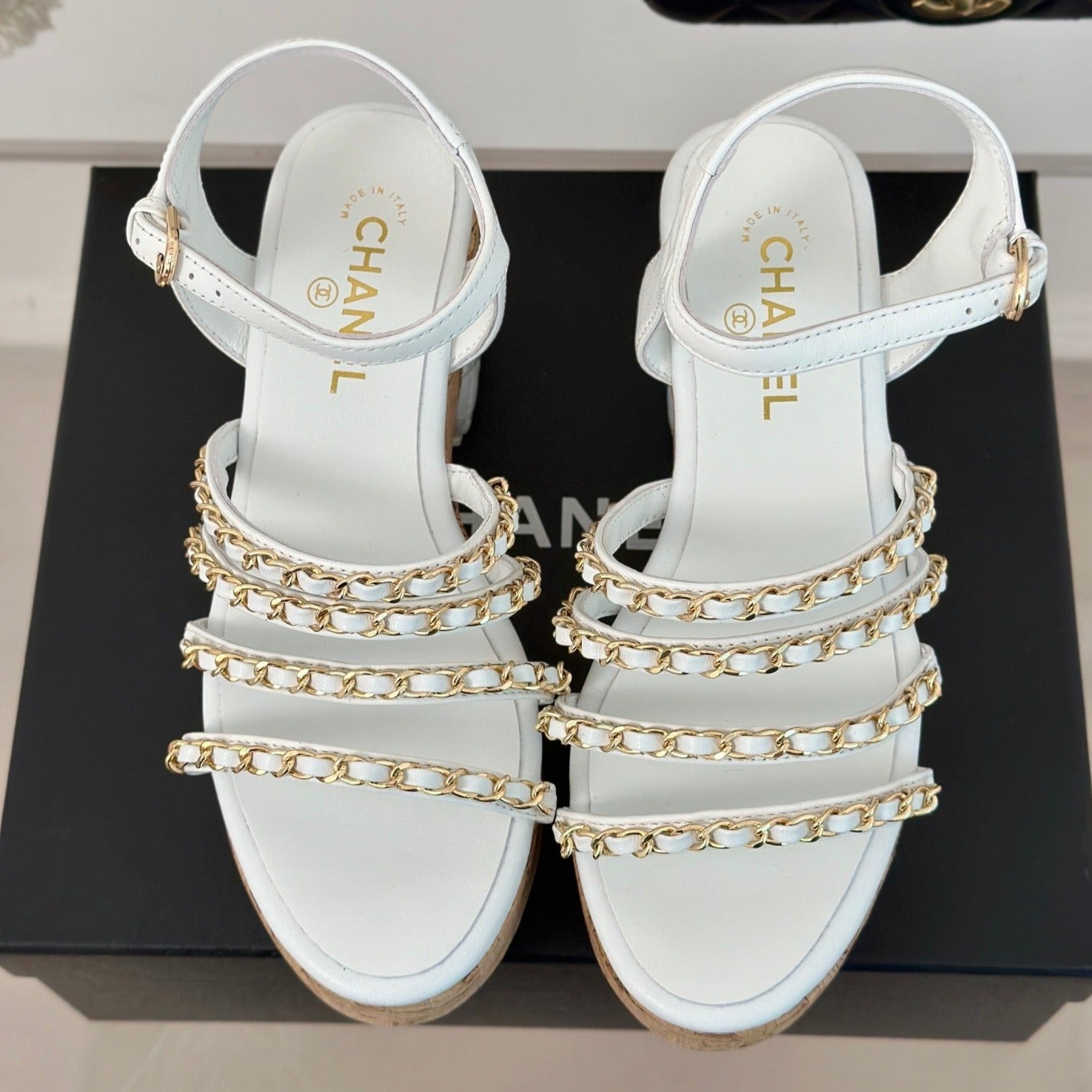 CHANEL Double C Wooden Chain Platform Block Heel Sandals White