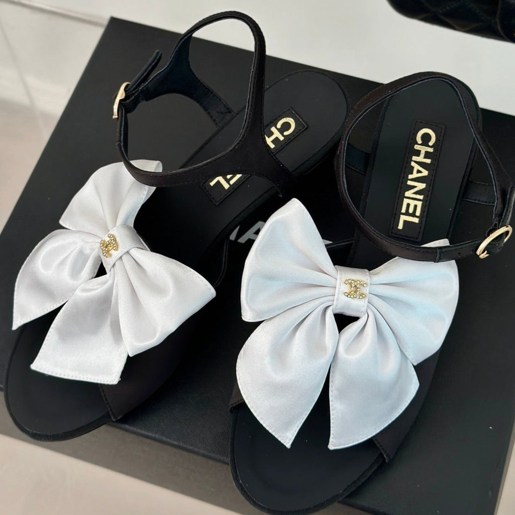 CHANEL Double  Big Bow High Sandal Sheepskin Black White