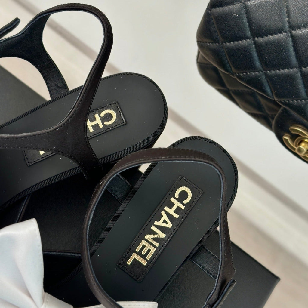 CHANEL Double  Big Bow High Sandal Sheepskin Black White