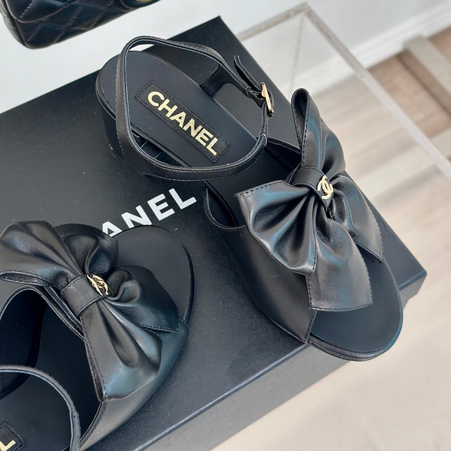 CHANEL Double  Big Bow High Sandal Sheepskin Black