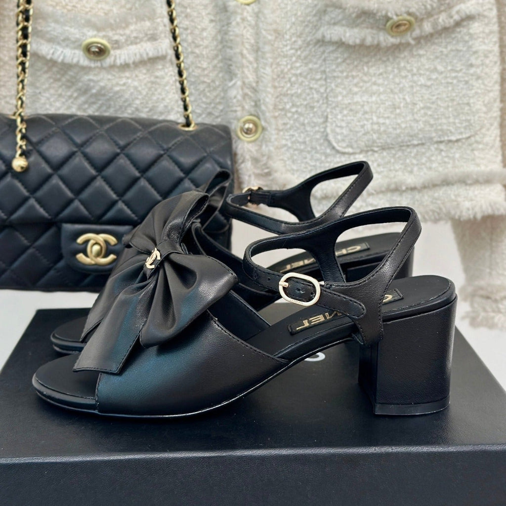 CHANEL Double  Big Bow High Sandal Sheepskin Black