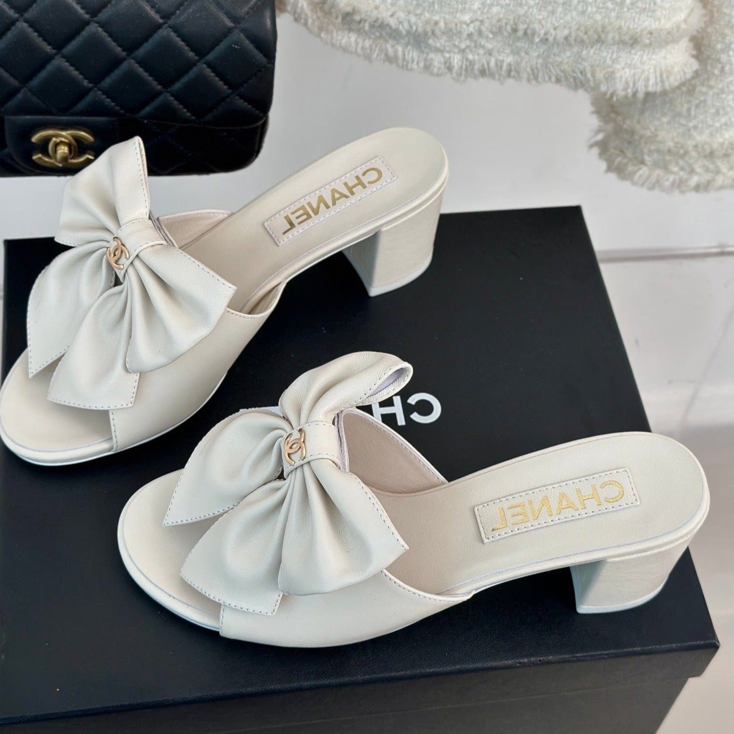 CHANEL Double  Big Bow High Heels Sheepskin White