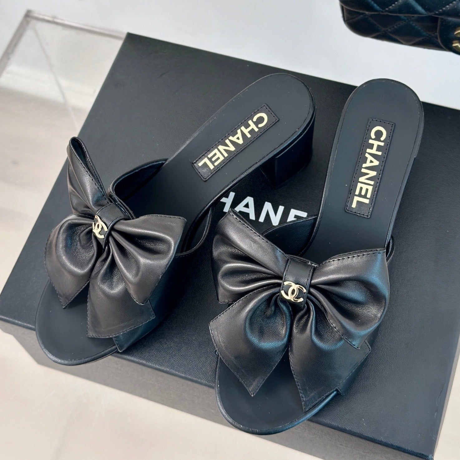 CHANEL Double  Big Bow High Heels Sheepskin Black