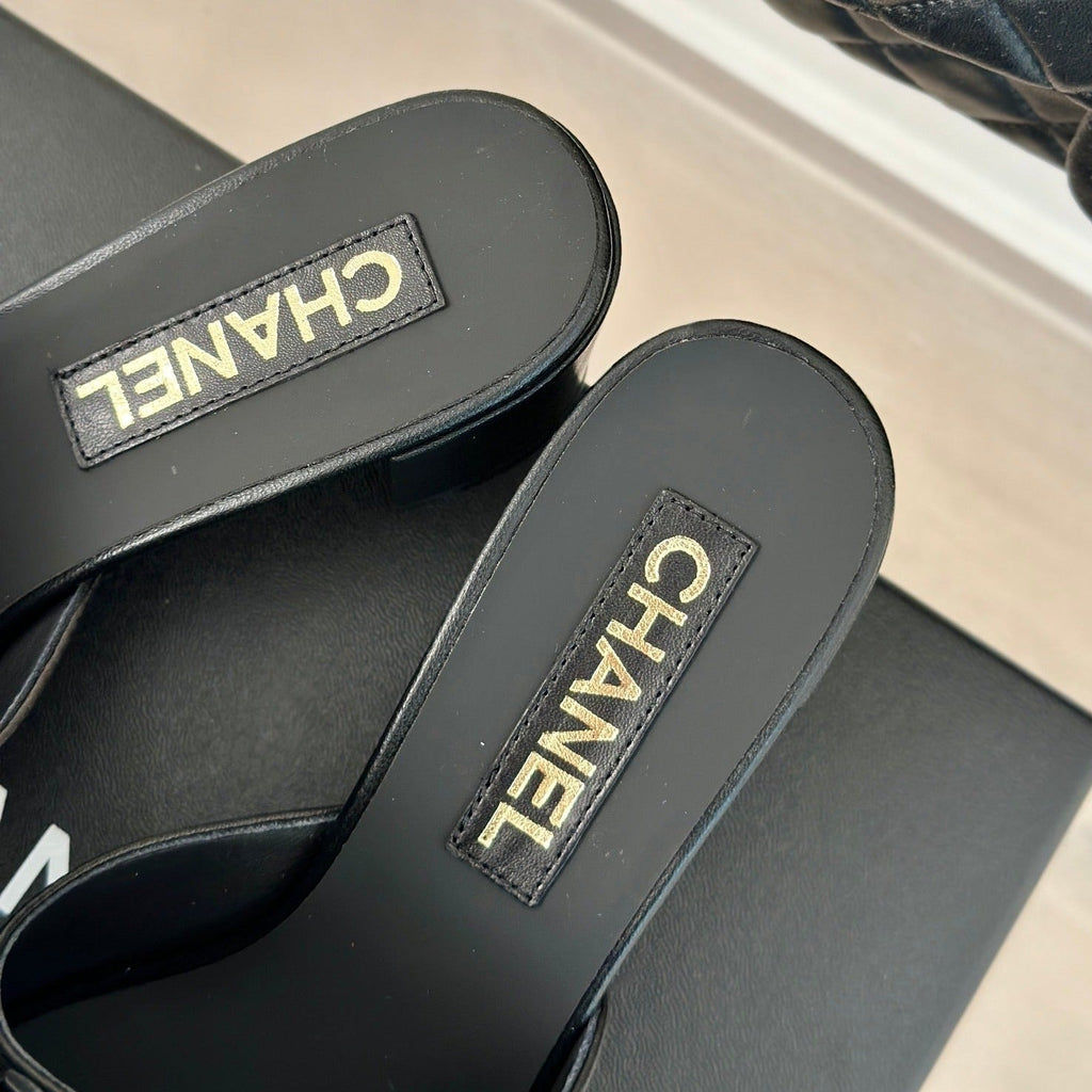 CHANEL Double  Big Bow High Heels Sheepskin Black