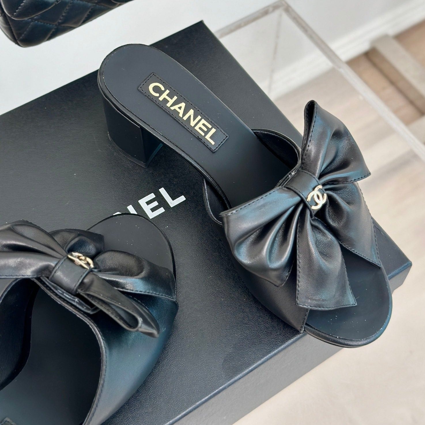 CHANEL Double  Big Bow High Heels Sheepskin Black