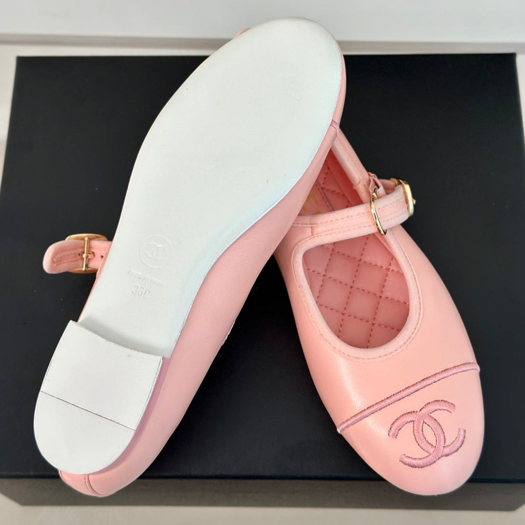 CHANEL Double C Light Pink Lambskin Mary Jane Shoes