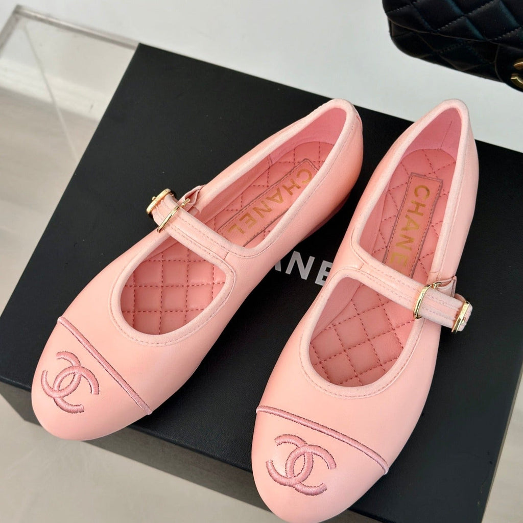CHANEL Double C Light Pink Lambskin Mary Jane Shoes