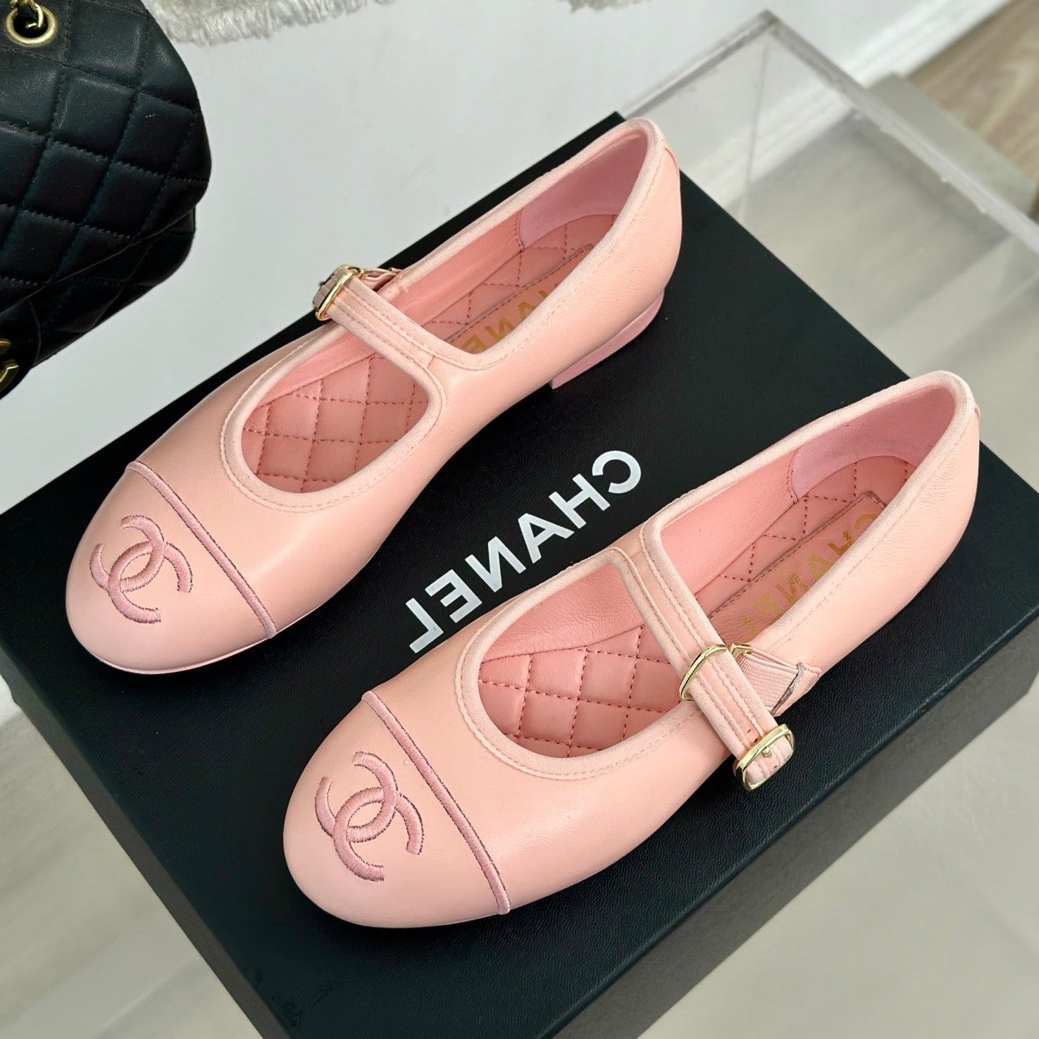 CHANEL Double C Light Pink Lambskin Mary Jane Shoes