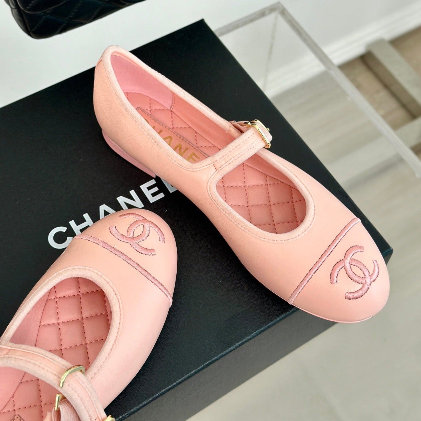 CHANEL Double C Light Pink Lambskin Mary Jane Shoes