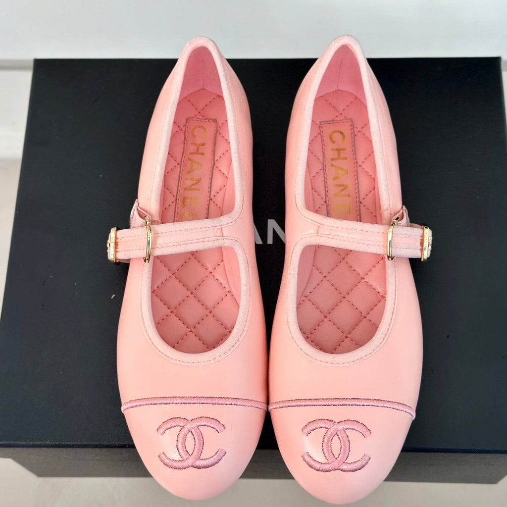 CHANEL Double C Light Pink Lambskin Mary Jane Shoes