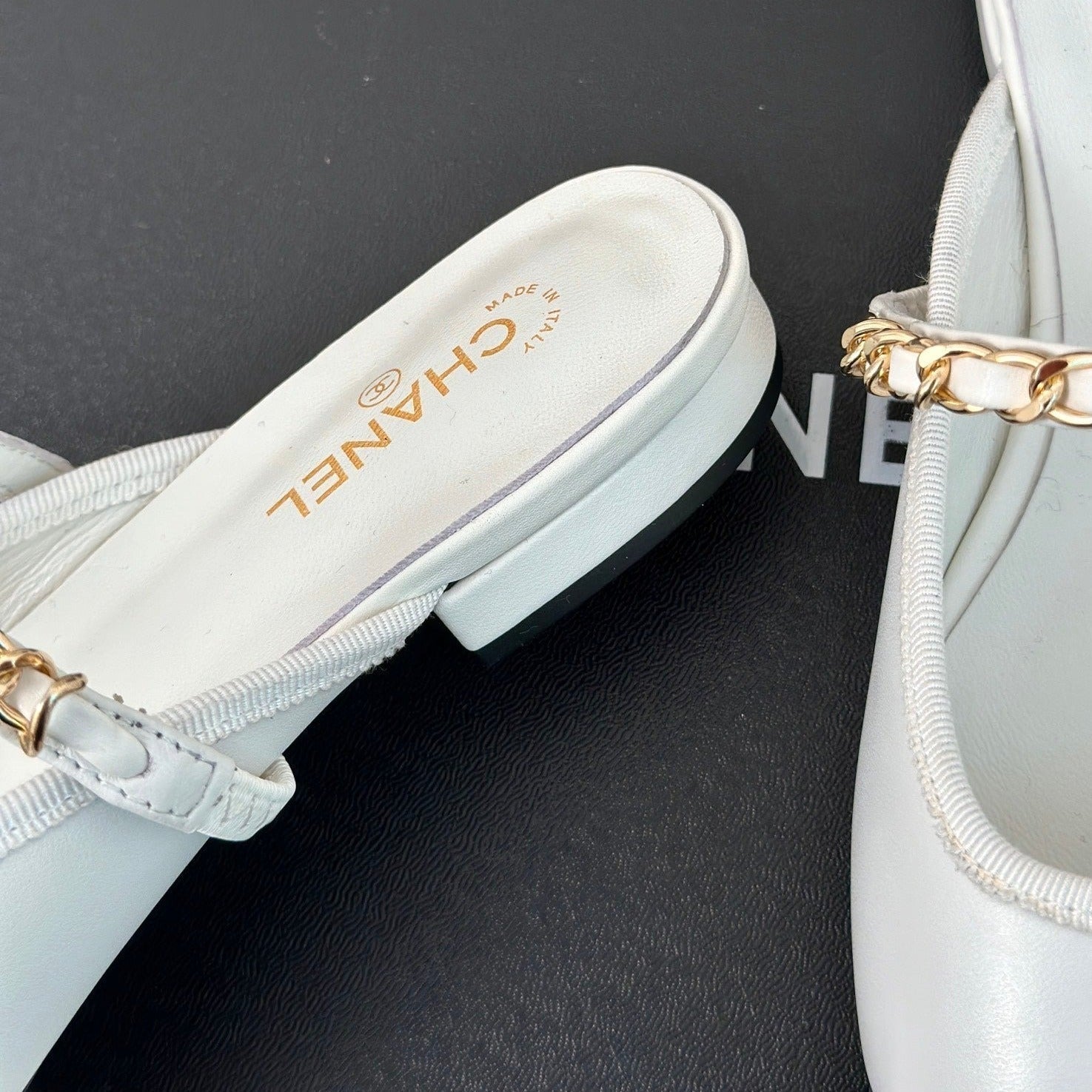 CHANEL Double C Two-Tone Chain Mules White Lambskin