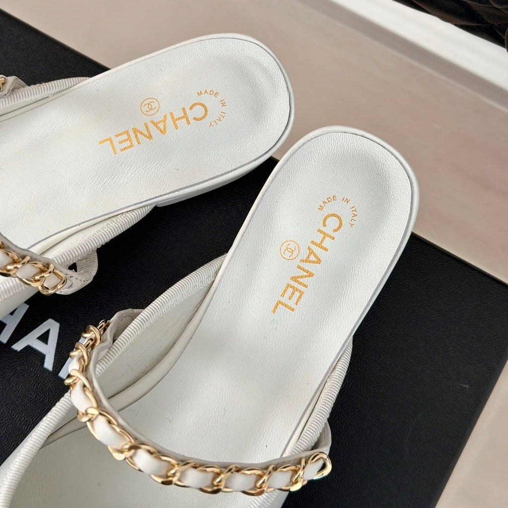 CHANEL Double C Two-Tone Chain Mules White Lambskin
