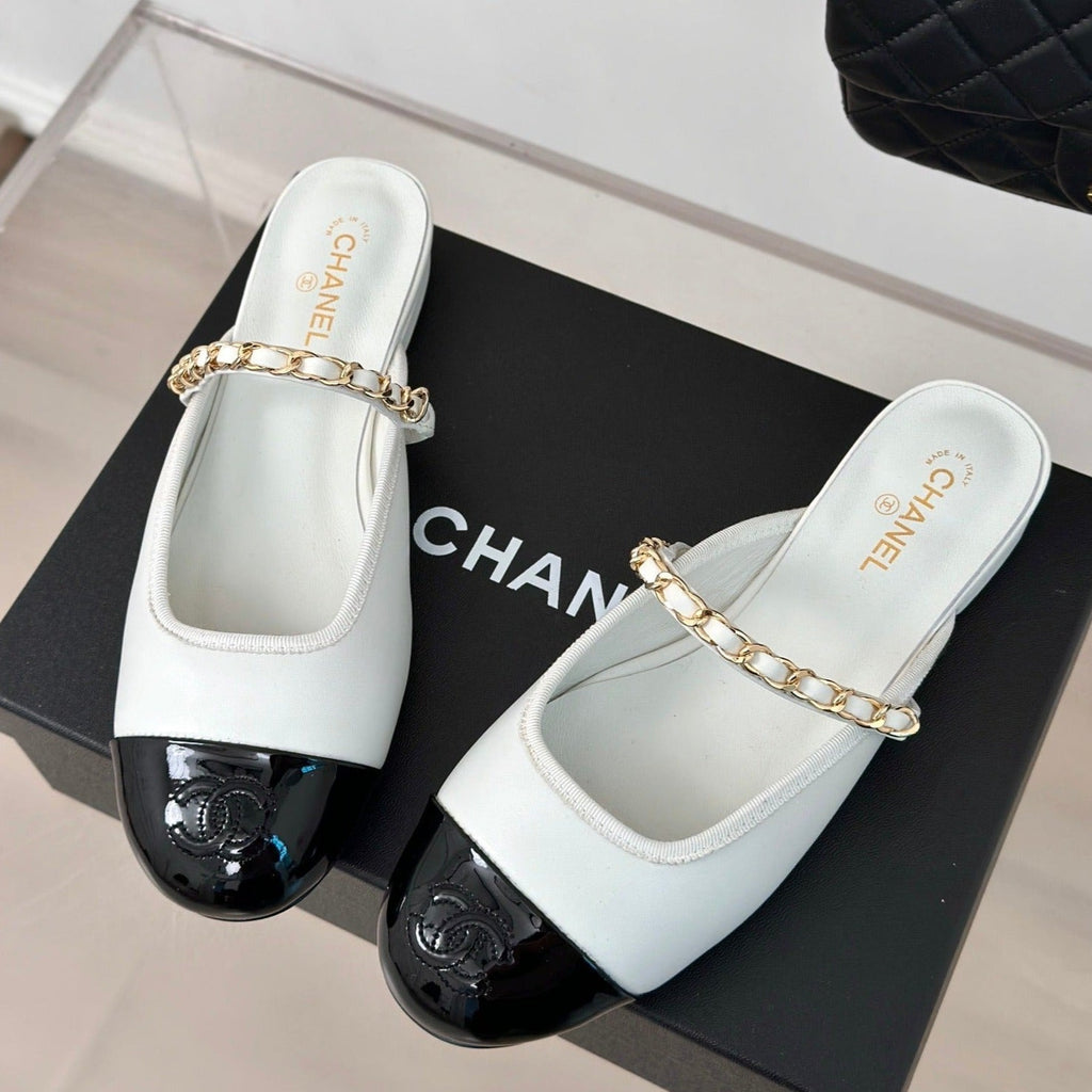 CHANEL Double C Two-Tone Chain Mules White Lambskin