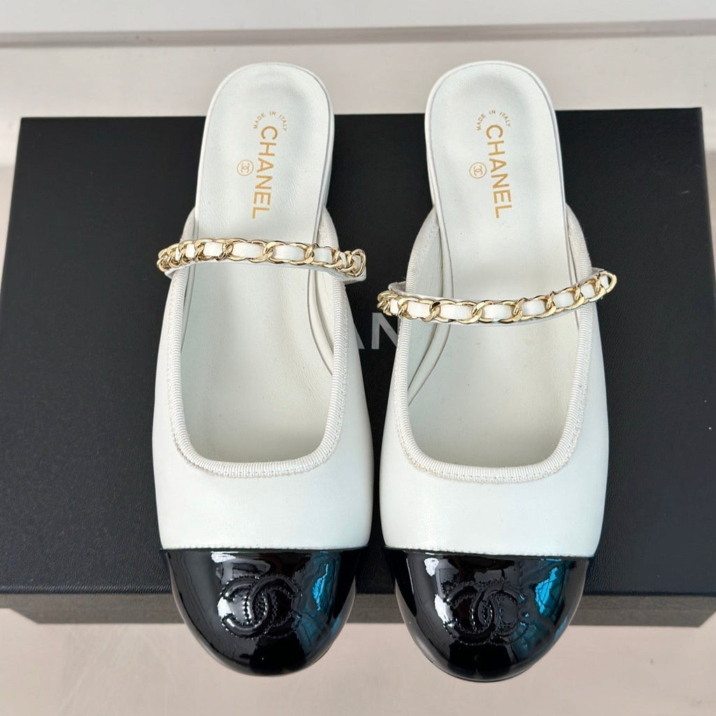 CHANEL Double C Two-Tone Chain Mules White Lambskin