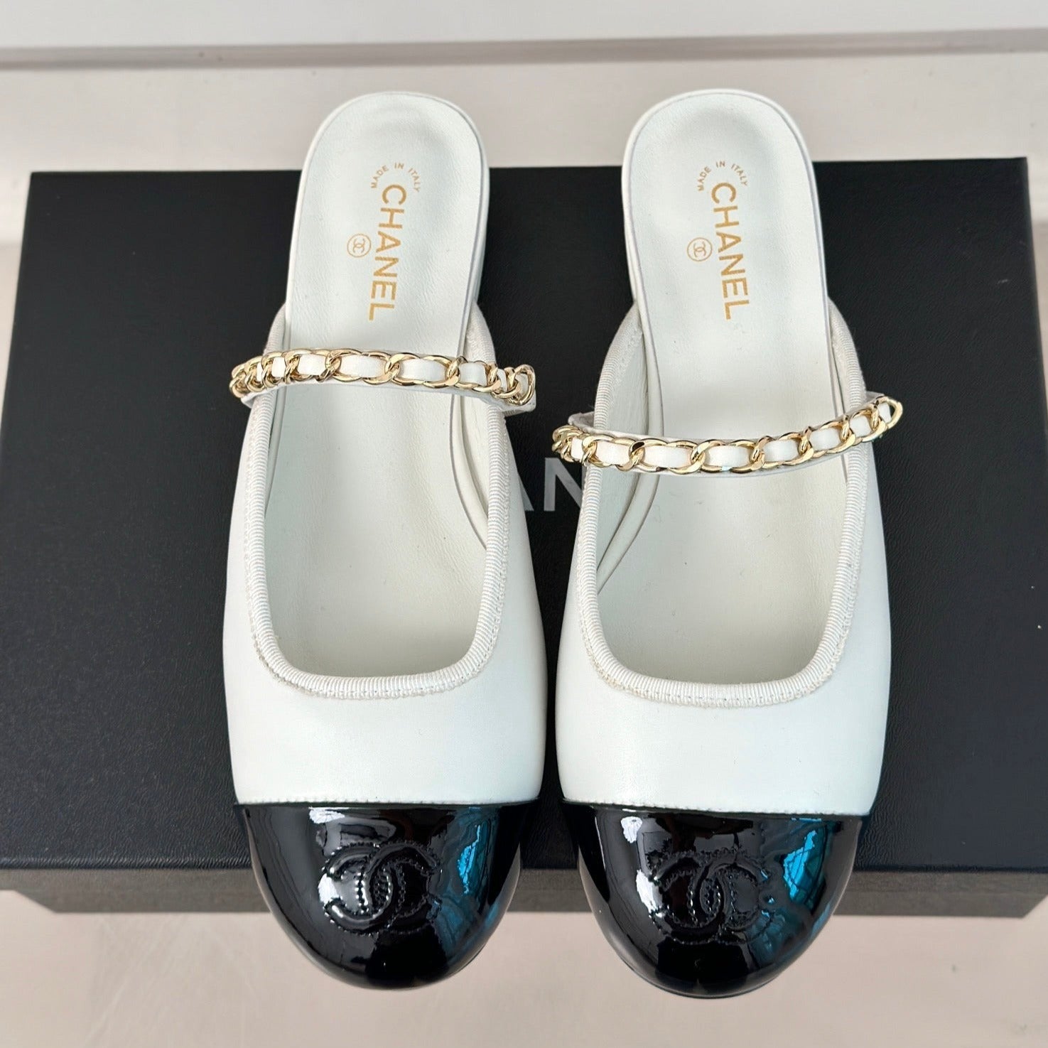 CHANEL Double C Two-Tone Chain Mules White Lambskin