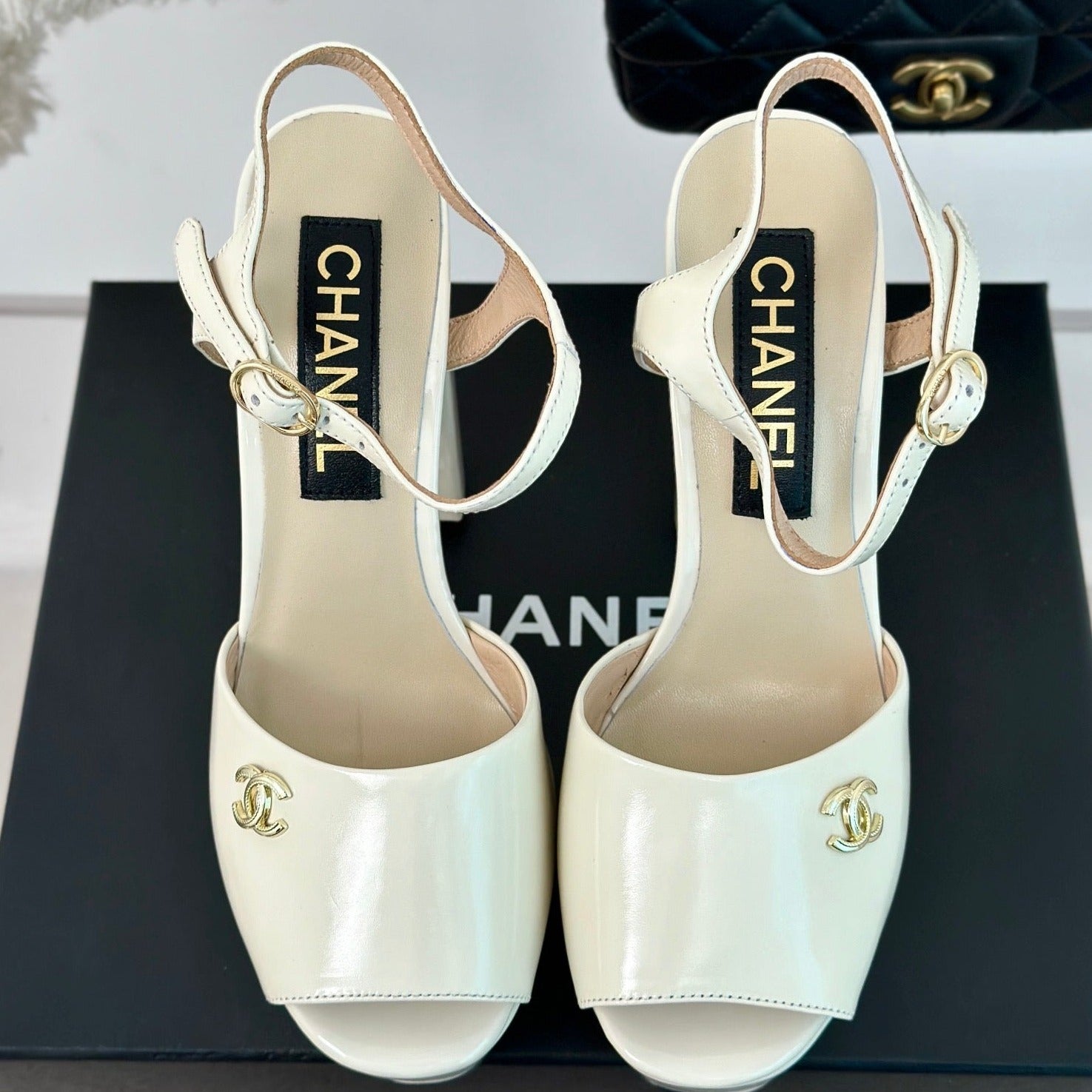 CHANEL Double C High Heel Sandals Beige Cream Leather