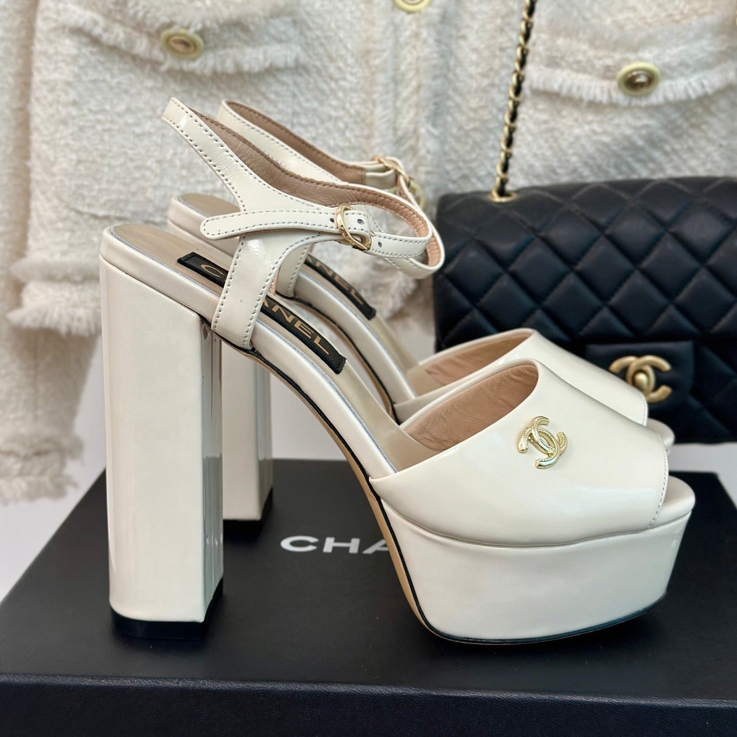 CHANEL Double C High Heel Sandals Beige Cream Leather