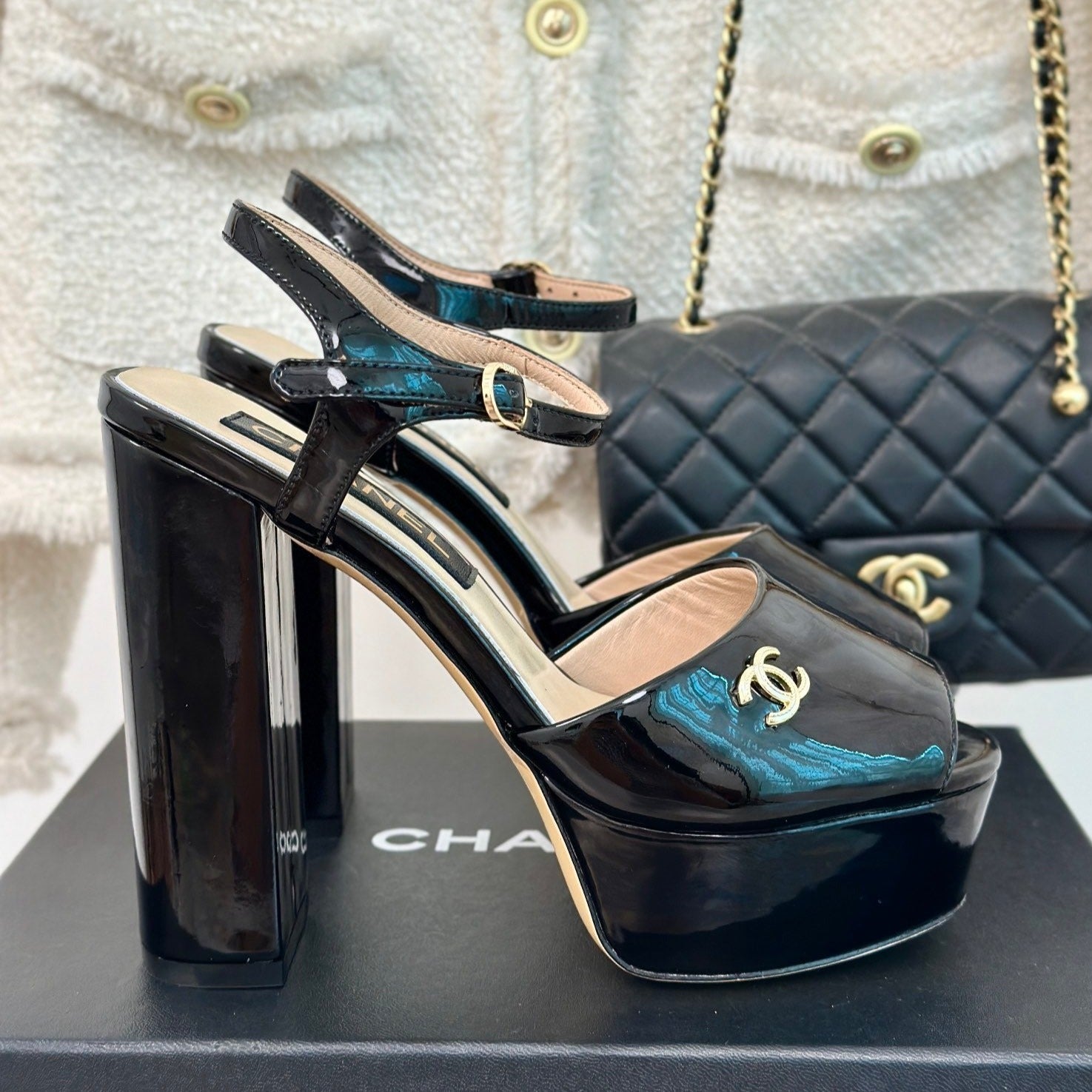 CHANEL Double C High Heel Sandals Black Leather