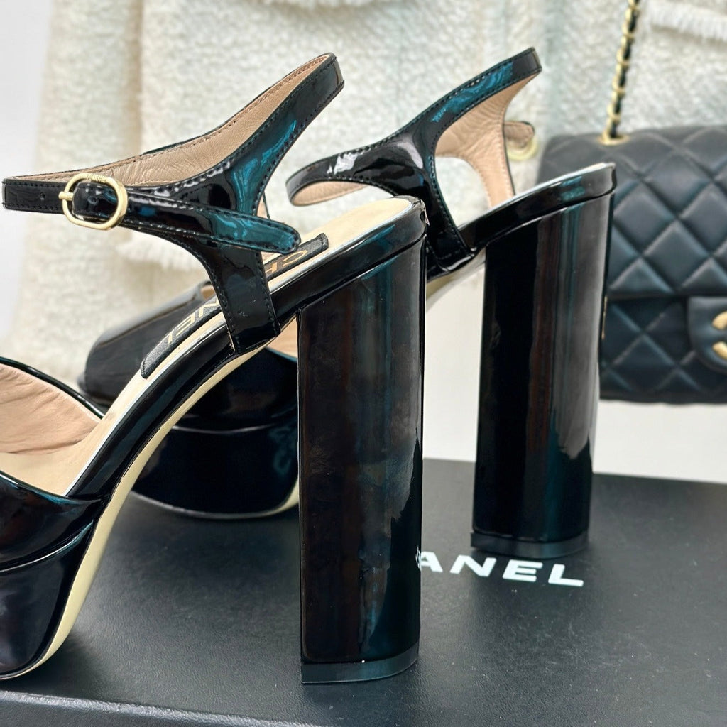 CHANEL Double C High Heel Sandals Black Leather