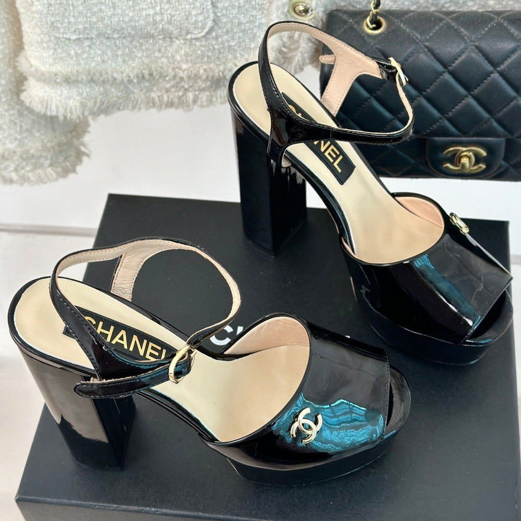 CHANEL Double C High Heel Sandals Black Leather