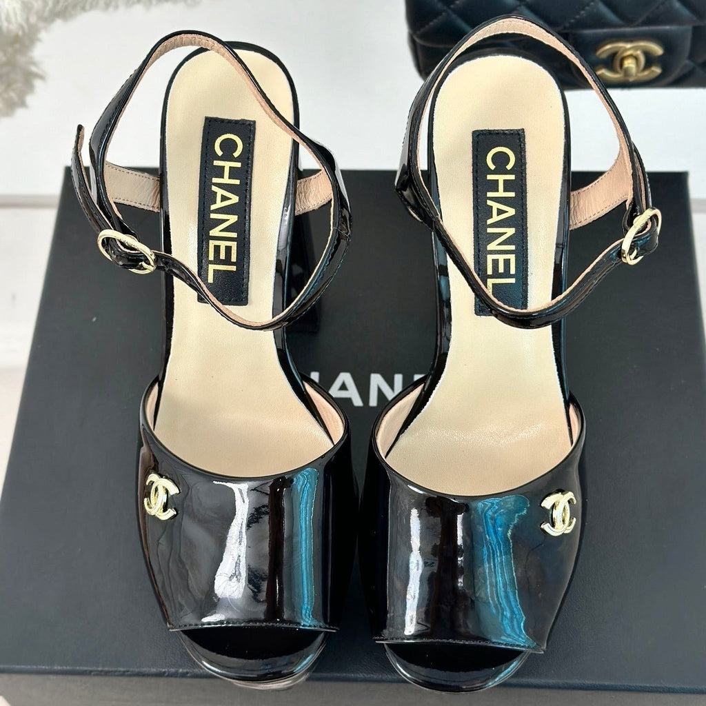 CHANEL Double C High Heel Sandals Black Leather