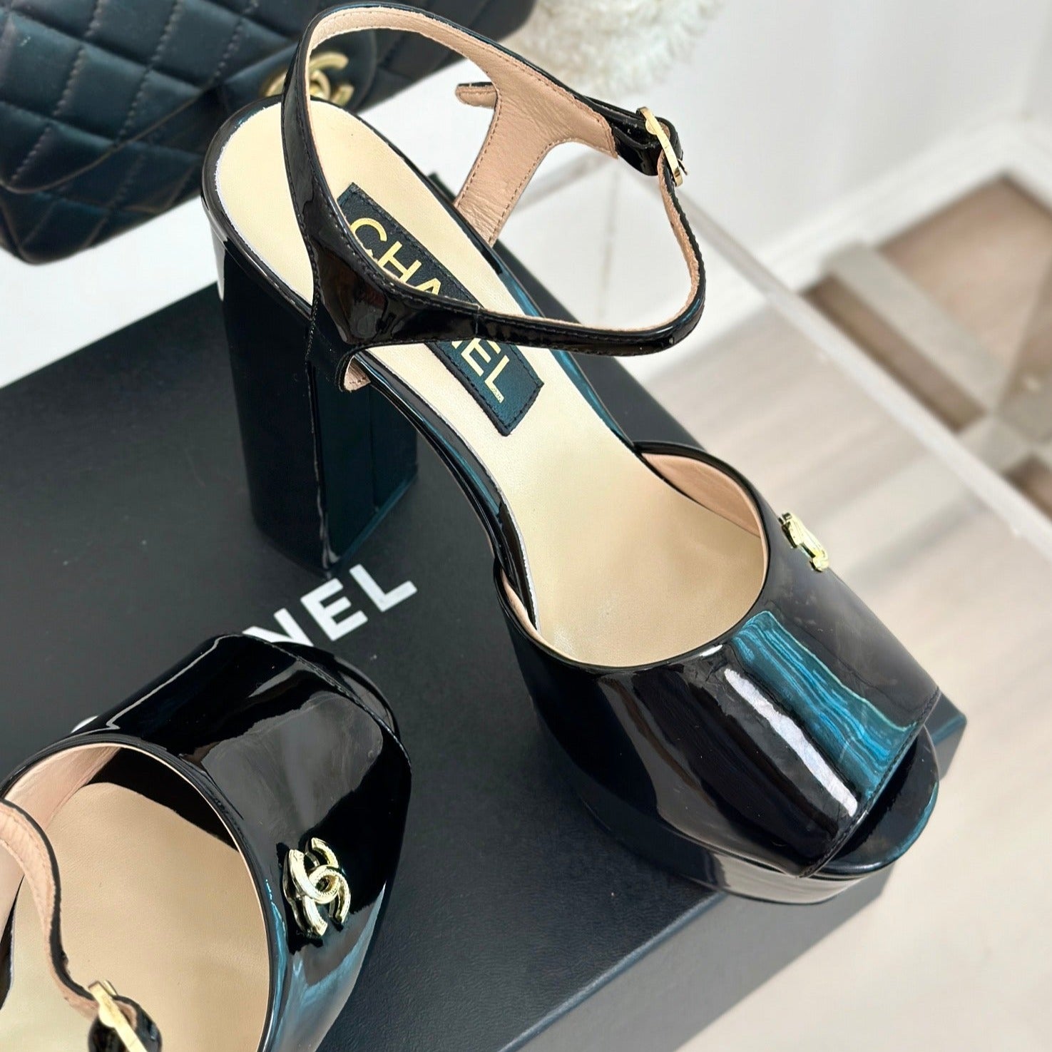 CHANEL Double C High Heel Sandals Black Leather
