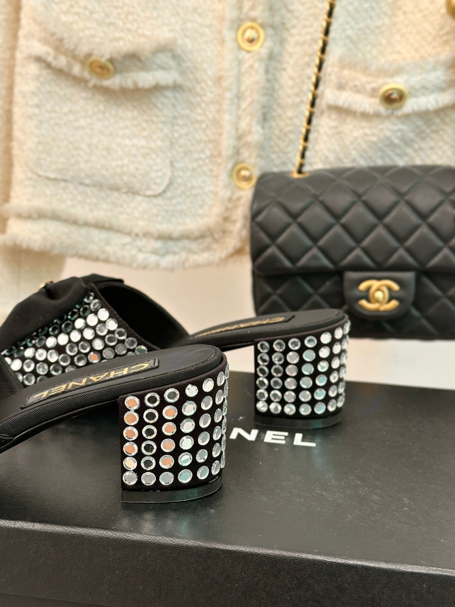 CHANEL BLOCK HEEL MULE WITH WHITE RHINESTONES IN BLACK LAMBSKIN