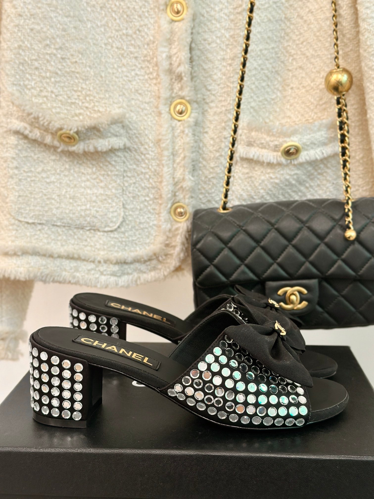 CHANEL BLOCK HEEL MULE WITH WHITE RHINESTONES IN BLACK LAMBSKIN