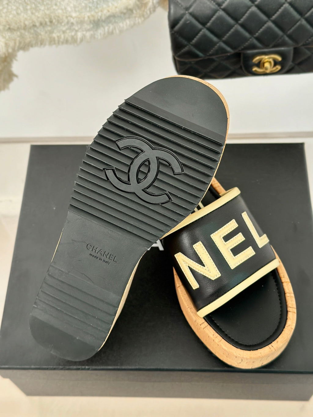 CHANEL THICK SOLE LETTER SLIPPERS IN BLACK SHEEPSKIN