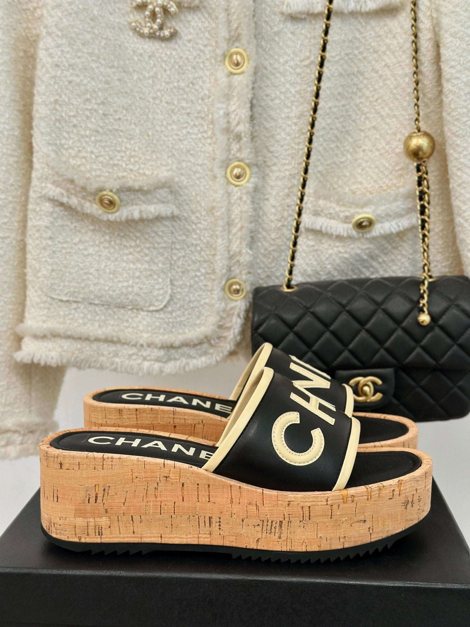 CHANEL THICK SOLE LETTER SLIPPERS IN BLACK SHEEPSKIN