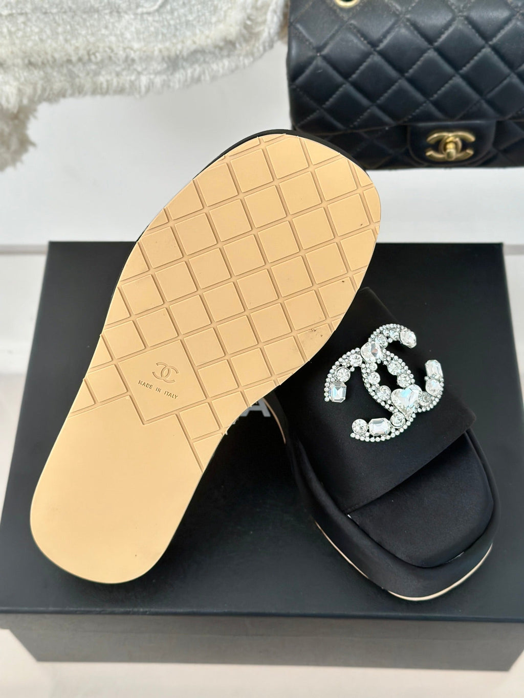CHANEL SLIPPERS THICK SOLE IN BLACK SATIN