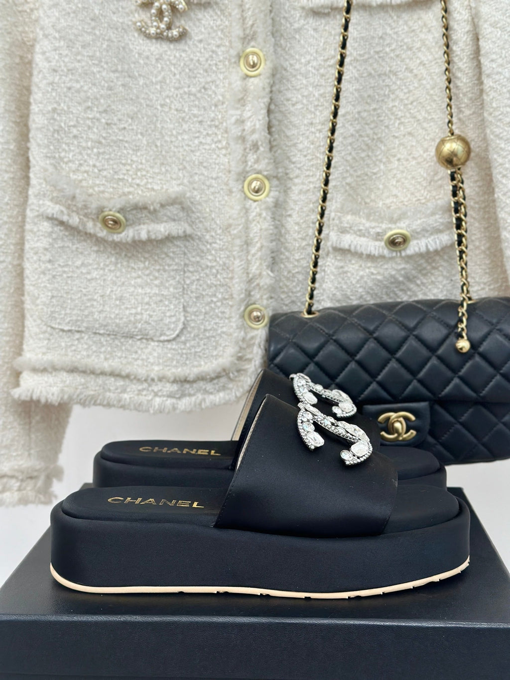 CHANEL SLIPPERS THICK SOLE IN BLACK SATIN