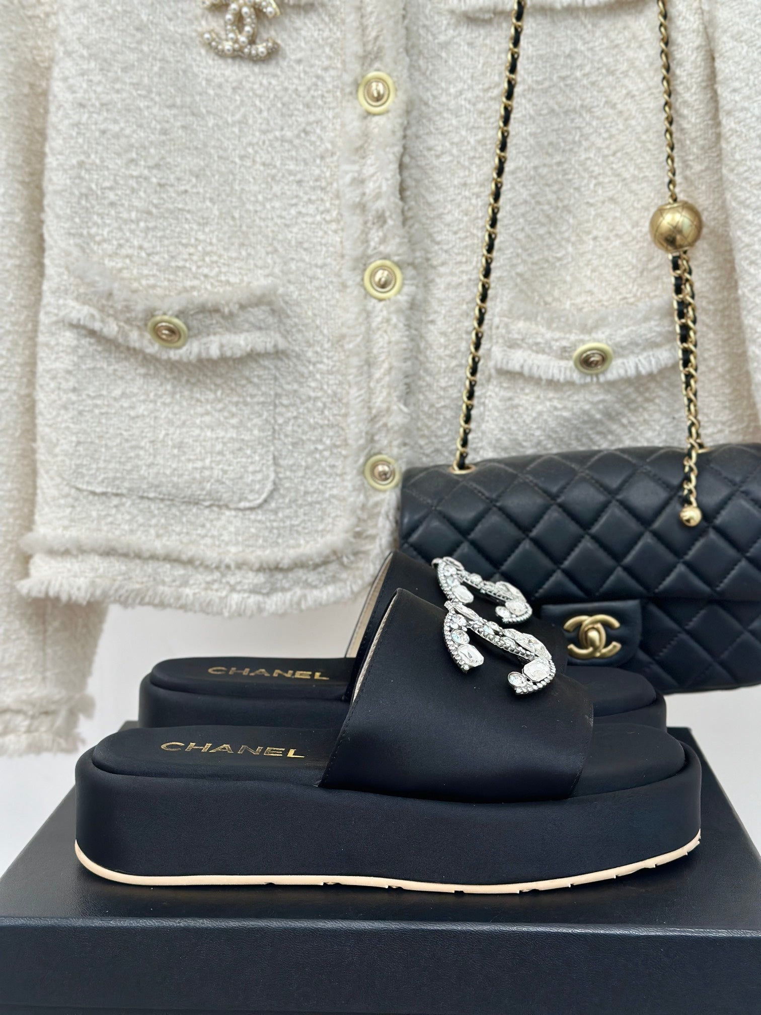 CHANEL SLIPPERS THICK SOLE IN BLACK SATIN