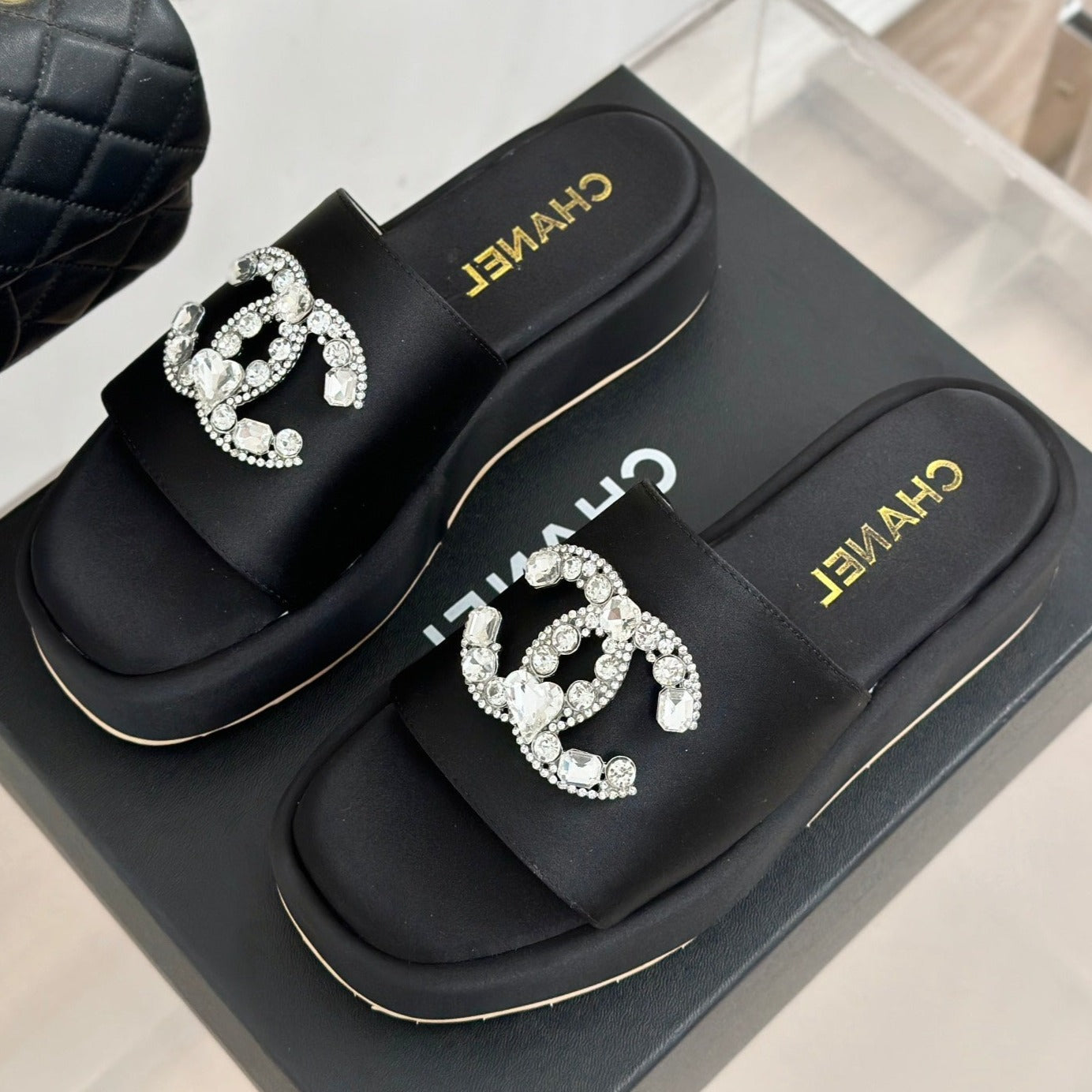 CHANEL SLIPPERS THICK SOLE IN BLACK SATIN