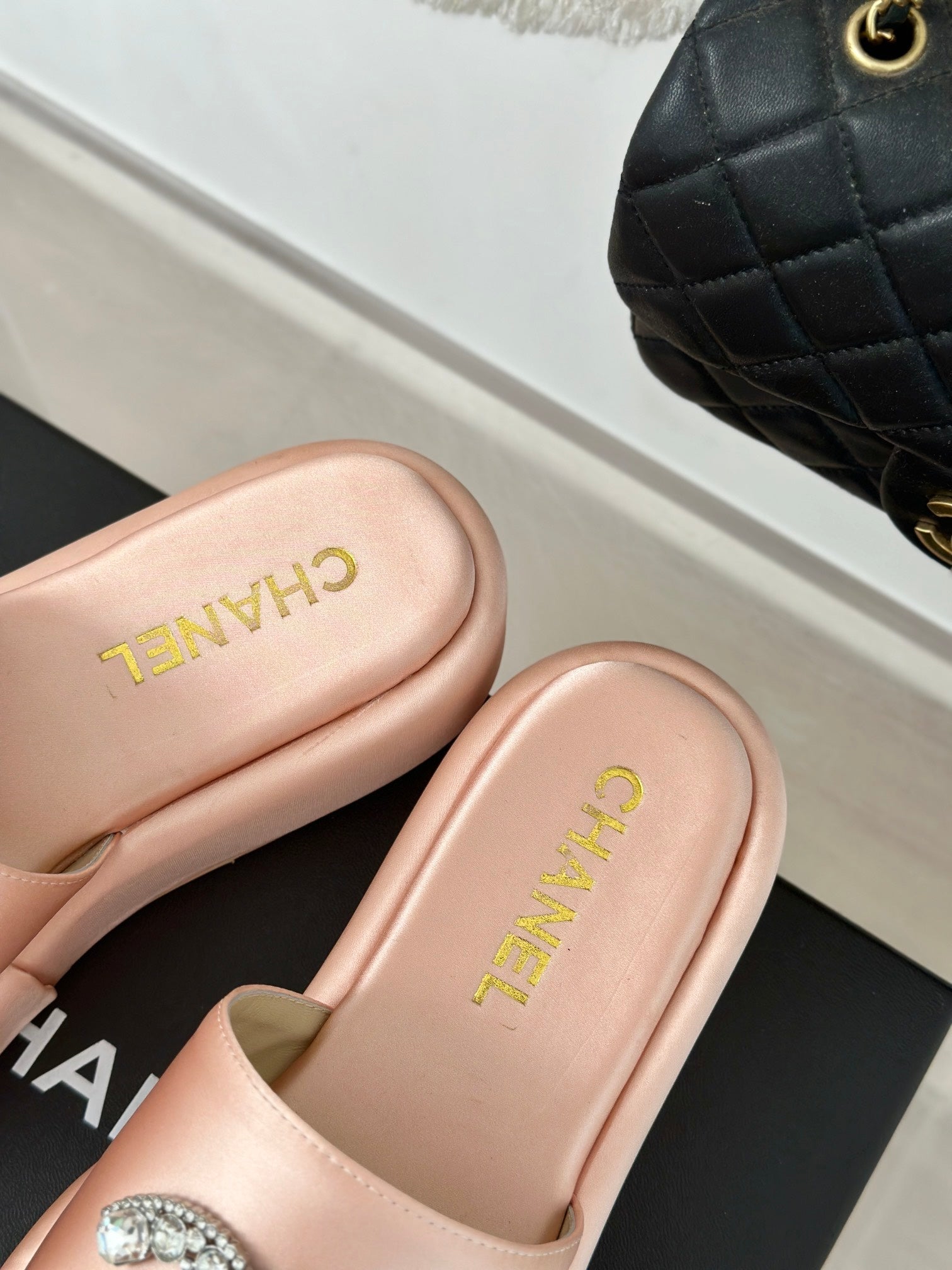 CHANEL SLIPPERS THICK SOLE IN LIGHT PINK SATIN