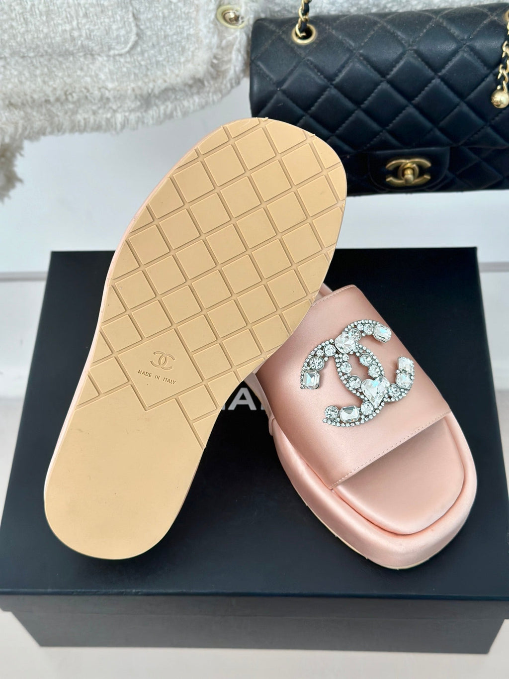 CHANEL SLIPPERS THICK SOLE IN LIGHT PINK SATIN