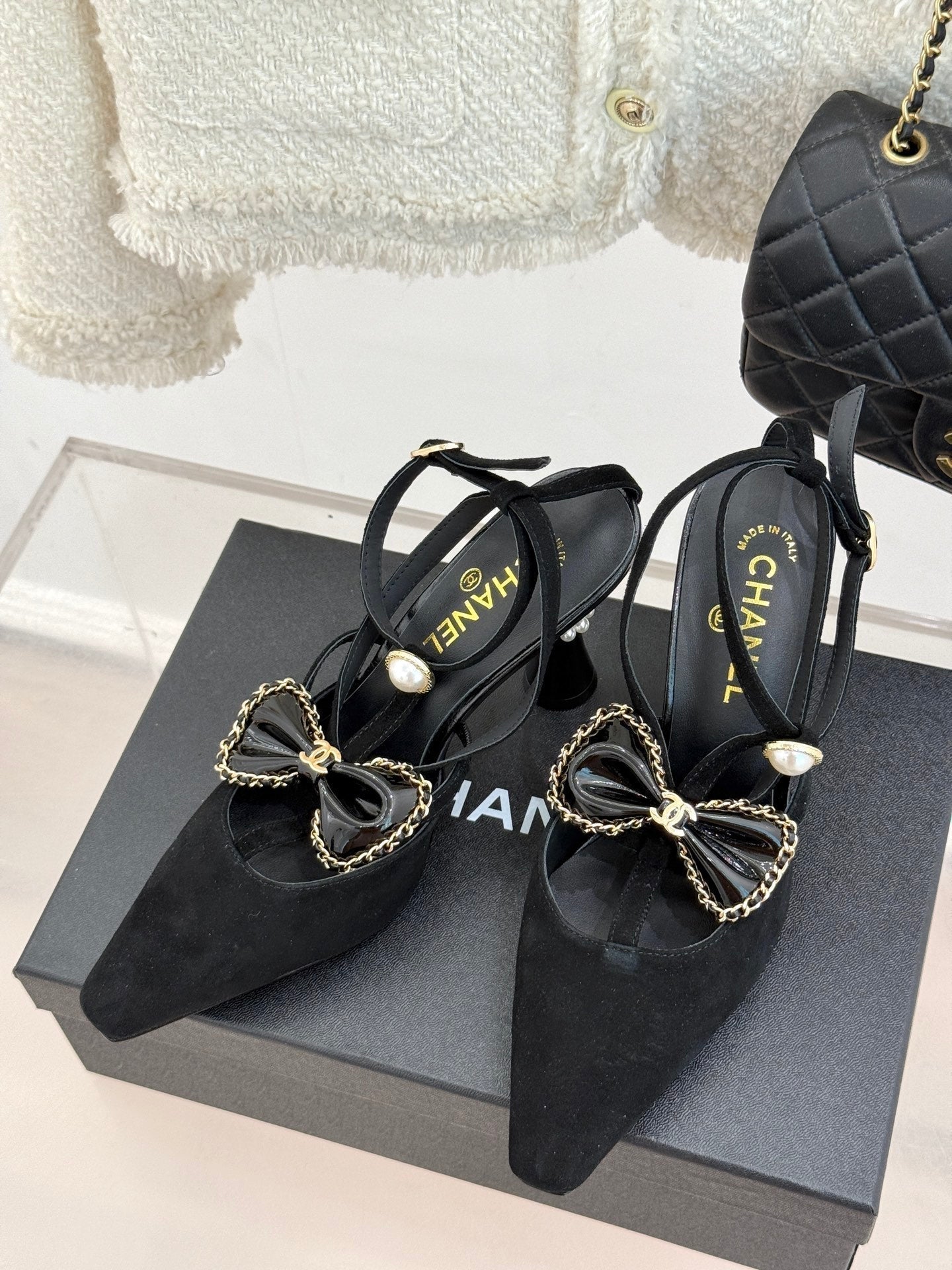 CHANEL CHAIN BOW HIGH HEEL 8 CM SLINGBACKS IN BLACK SUEDE