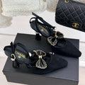 CHANEL CHAIN BOW HIGH HEEL 8 CM SLINGBACKS IN BLACK SUEDE