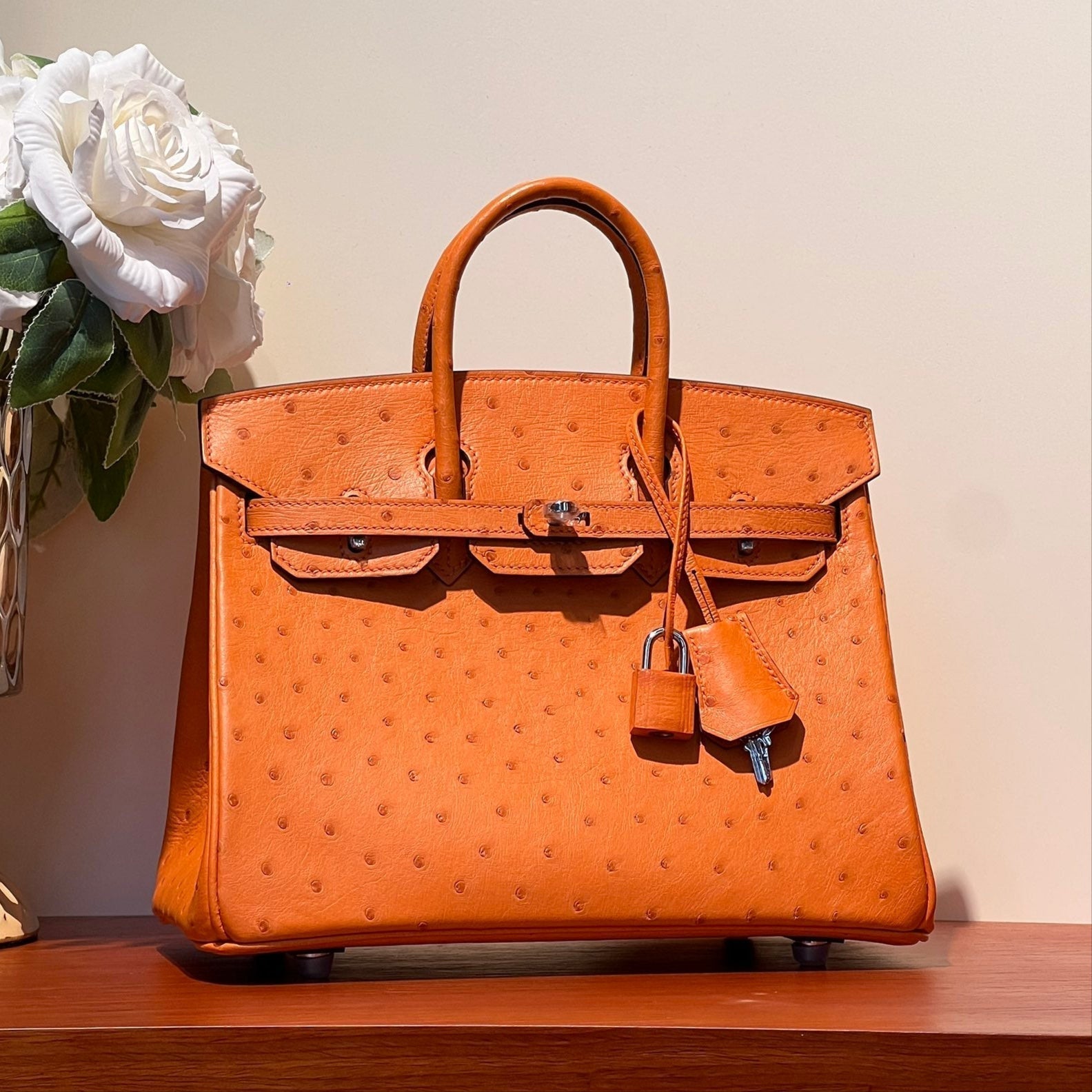 HERMES BIRKIN 25 BAG IN FIRE ORANGE OSTRICH LEATHER WITH SILVER HARDWARE (MADE-TO-ODER)
