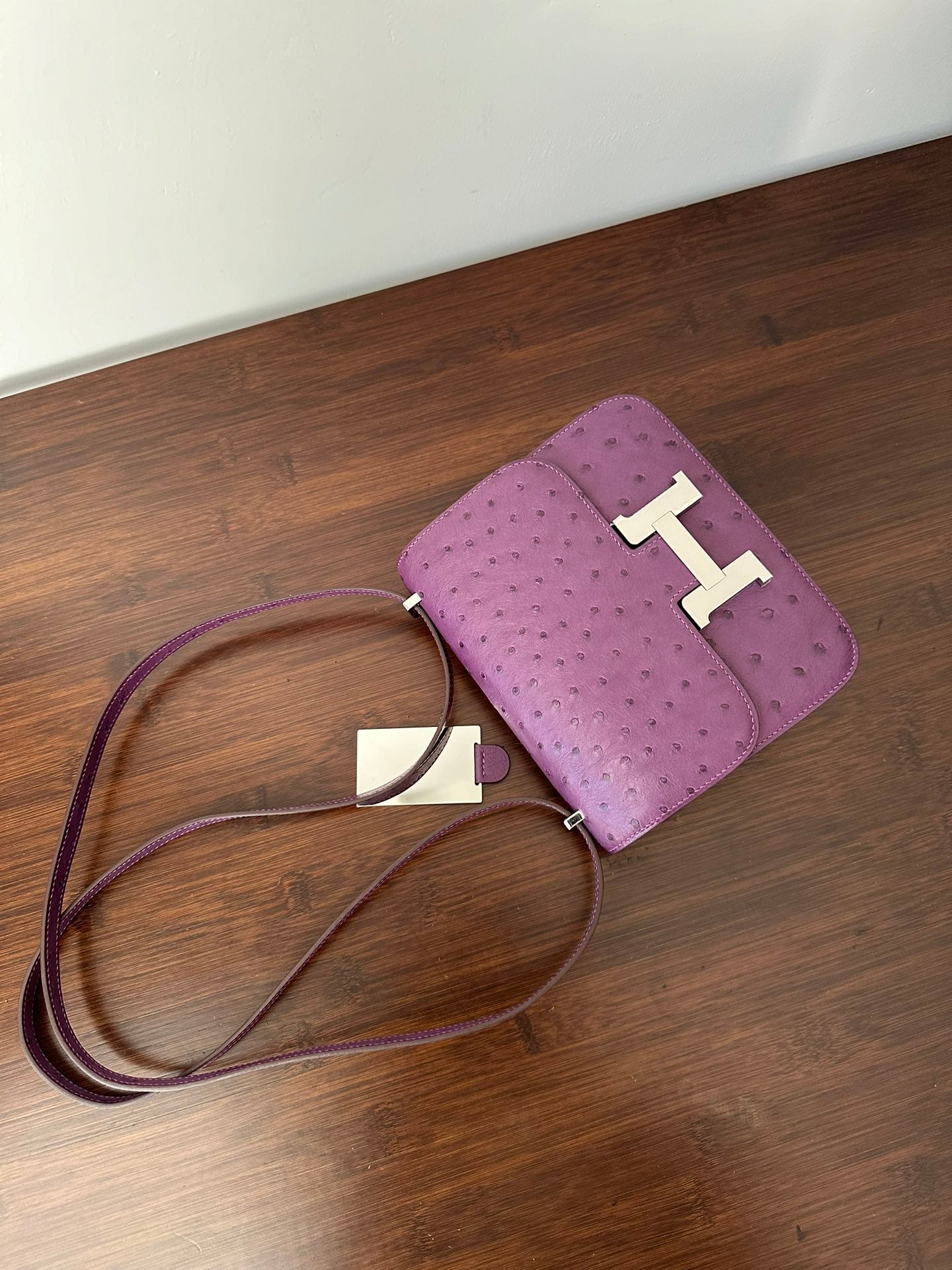 HERMES CONSTANCE 18 PURPLE OSTRICH SILVER HARDWARE
