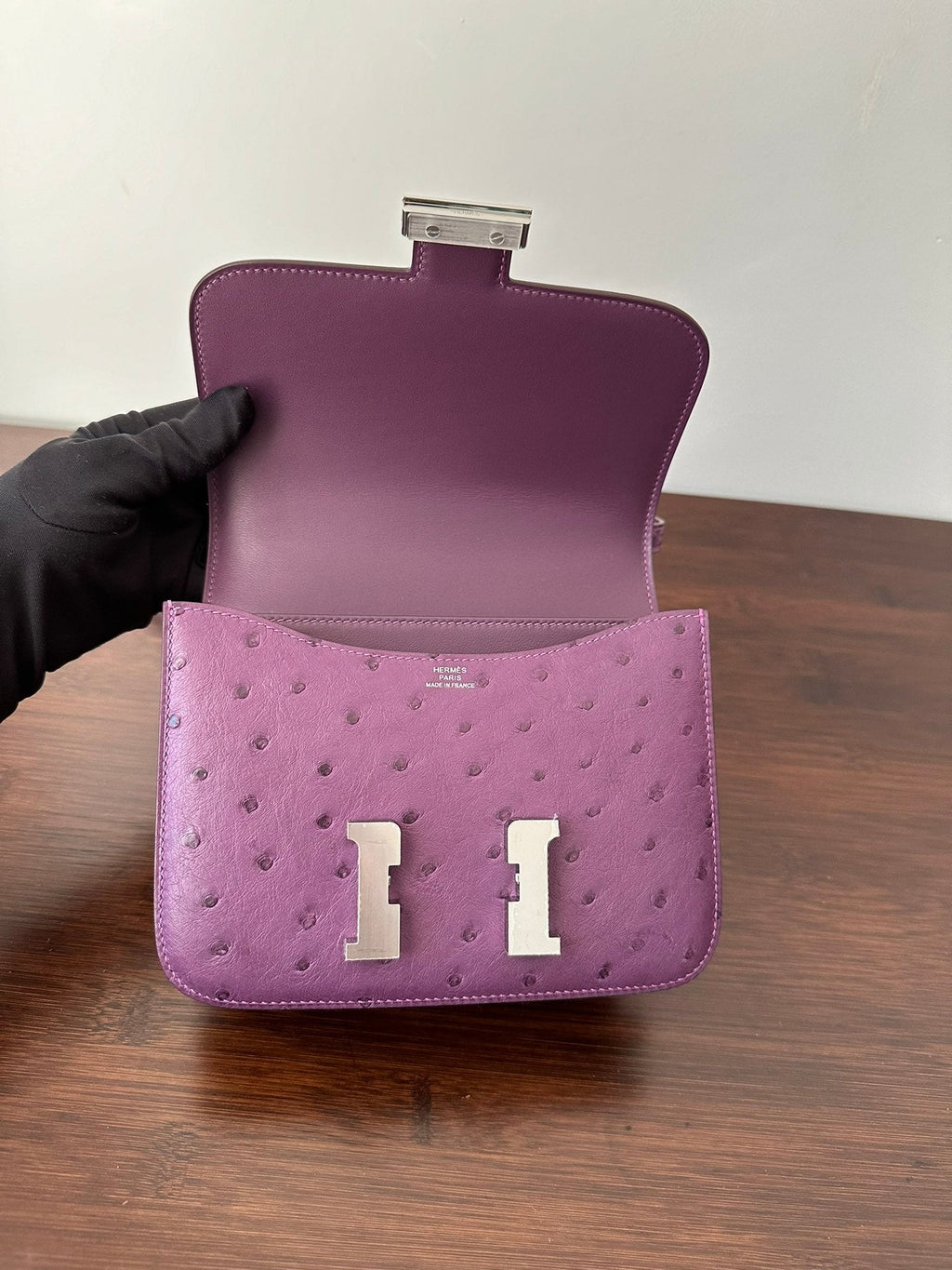 HERMES CONSTANCE 18 PURPLE OSTRICH SILVER HARDWARE