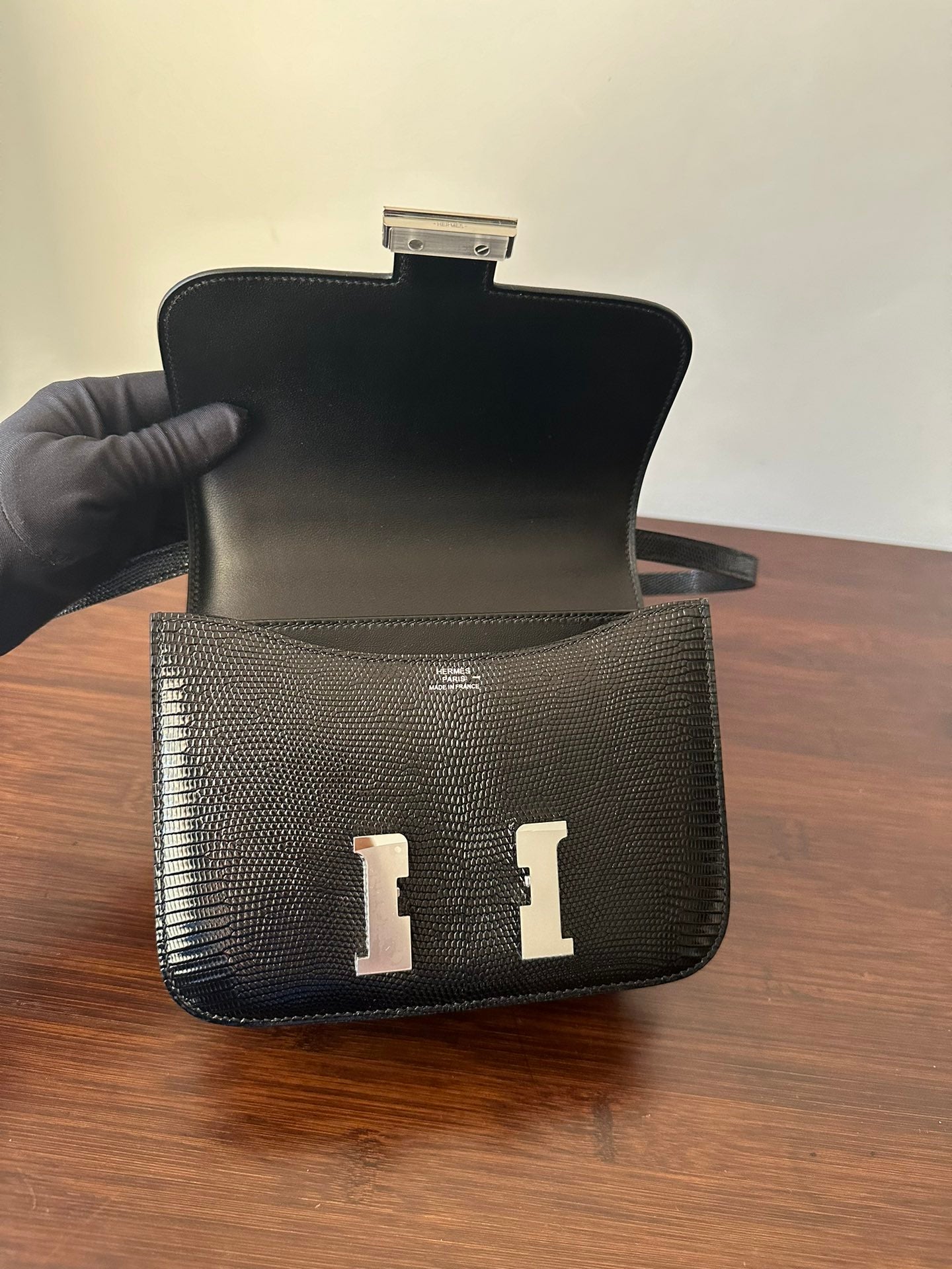 HERMES CONSTANCE 18 BLACK LIZARD SILVER HARDWARE