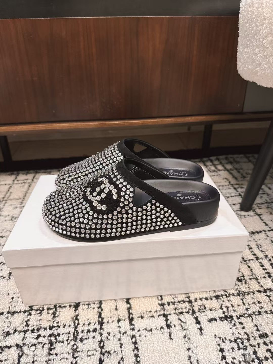 CHANEL FLAT MULE IN  BLACK SUEDE WITH CRYSTALS