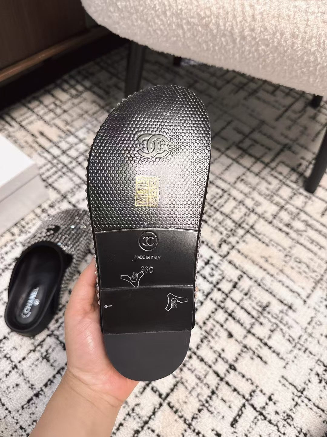 CHANEL FLAT MULE IN  BLACK SUEDE WITH CRYSTALS