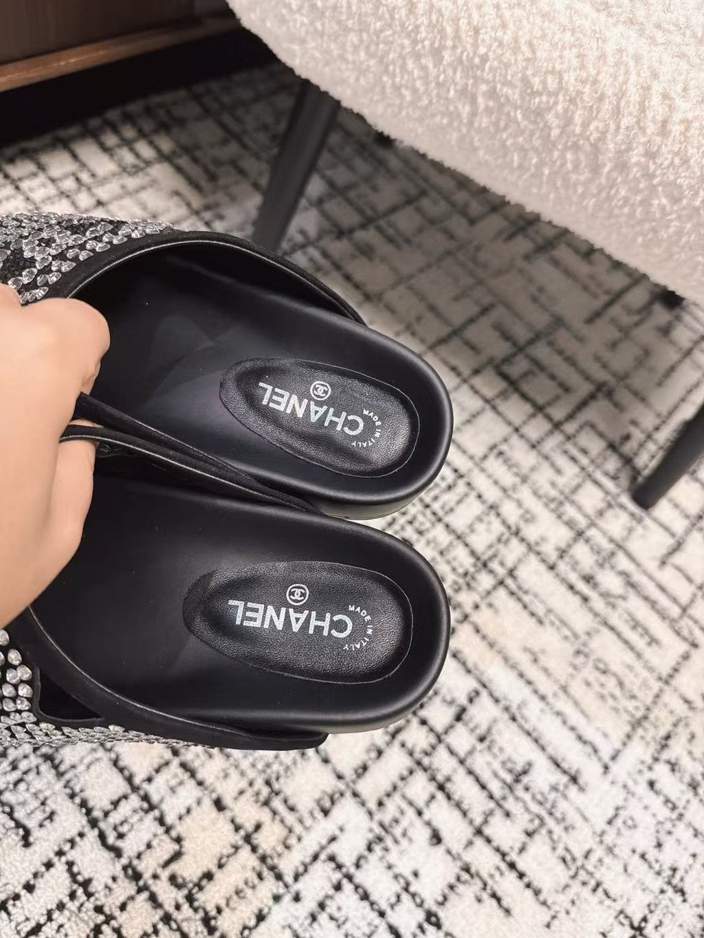 CHANEL FLAT MULE IN  BLACK SUEDE WITH CRYSTALS