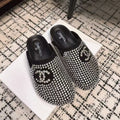 CHANEL FLAT MULE IN  BLACK SUEDE WITH CRYSTALS