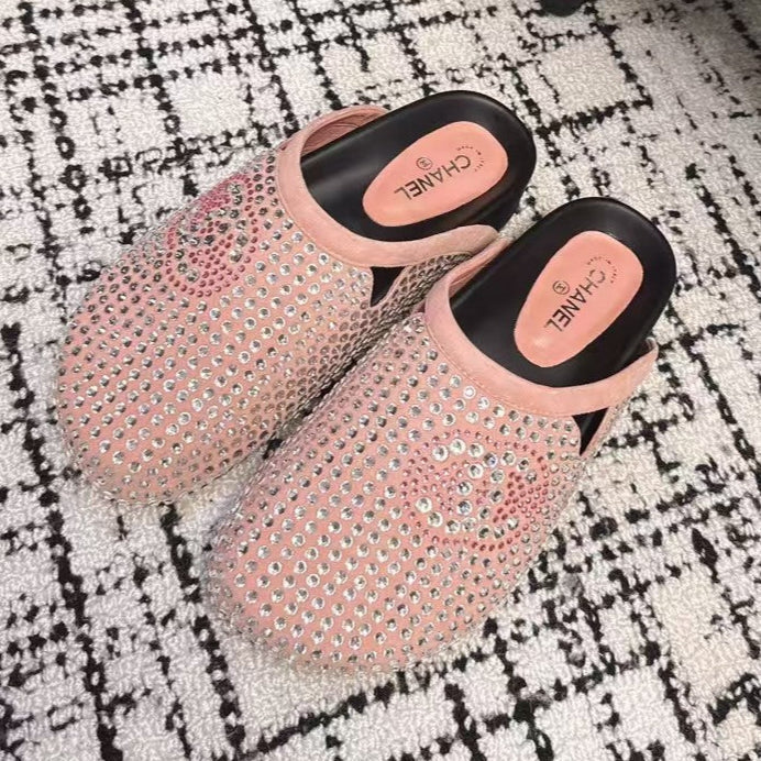 CHANEL FLAT MULE IN LIGHT PINK SUEDE WITH CRYSTALS