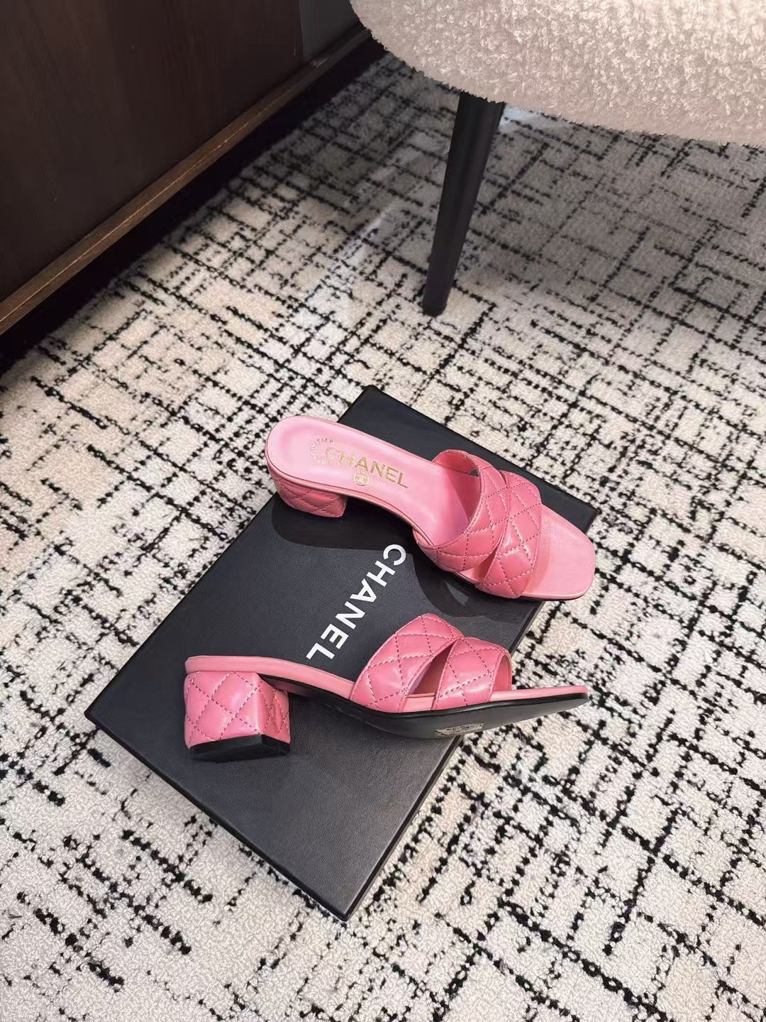 CHANEL MID HEEL MULES IN BRIGHT PINK SHEEPSKIN
