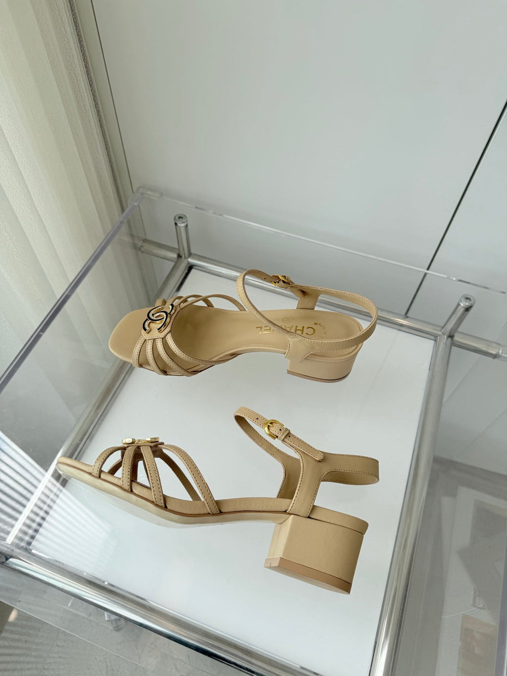 CHANEL MID HEEL SANDALS IN FLAX YELLOW LAMBSKIN